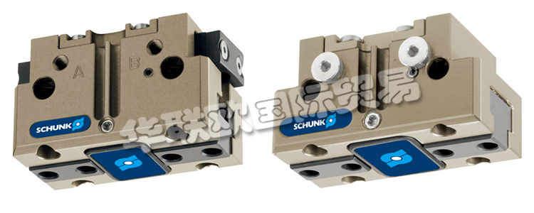 SCHUNK機(jī)械爪手JGP64-1帶雙平動機(jī)械手的旋轉(zhuǎn)頭，可在機(jī)器內(nèi)同時裝載和卸載工件。在壓縮空氣的作用下，橢圓形活塞上下移動。楔式結(jié)構(gòu)的有角度活動表面使基爪能夠同步平動。